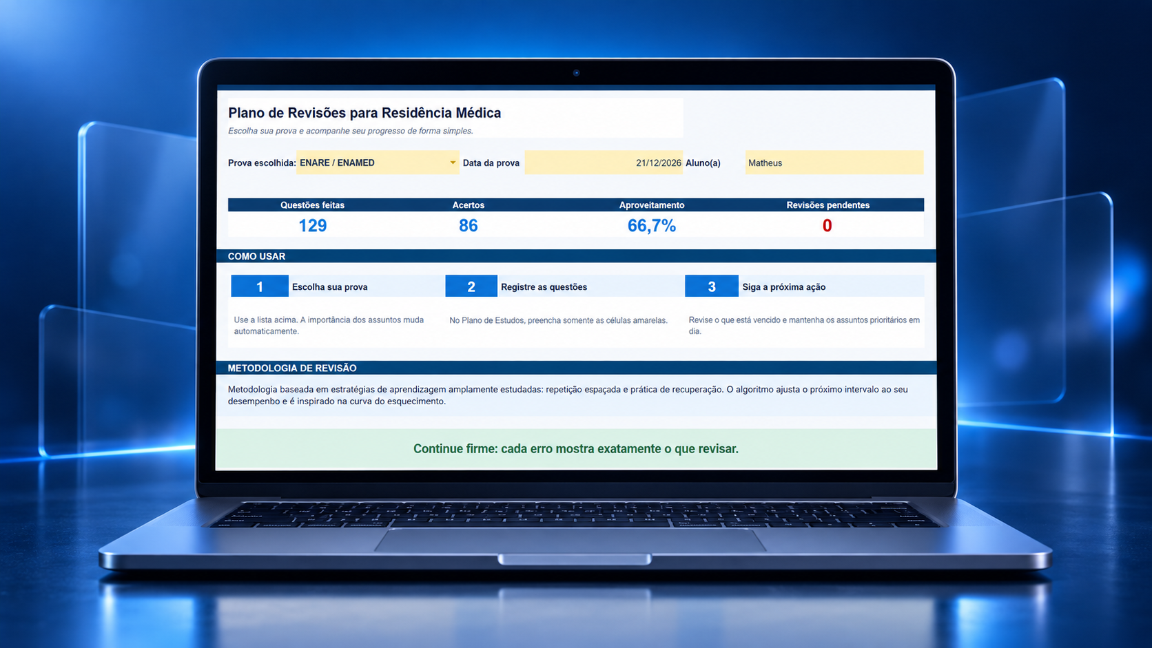Dashboard da Academy mostrando questões feitas, acertos, percentual e revisões pendentes